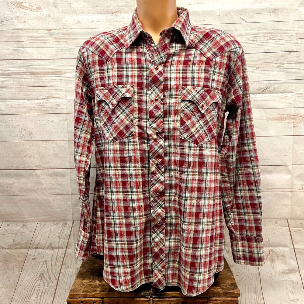 Vintage Tem Tex Plaid Flannel Western Pearl Snap Shirt